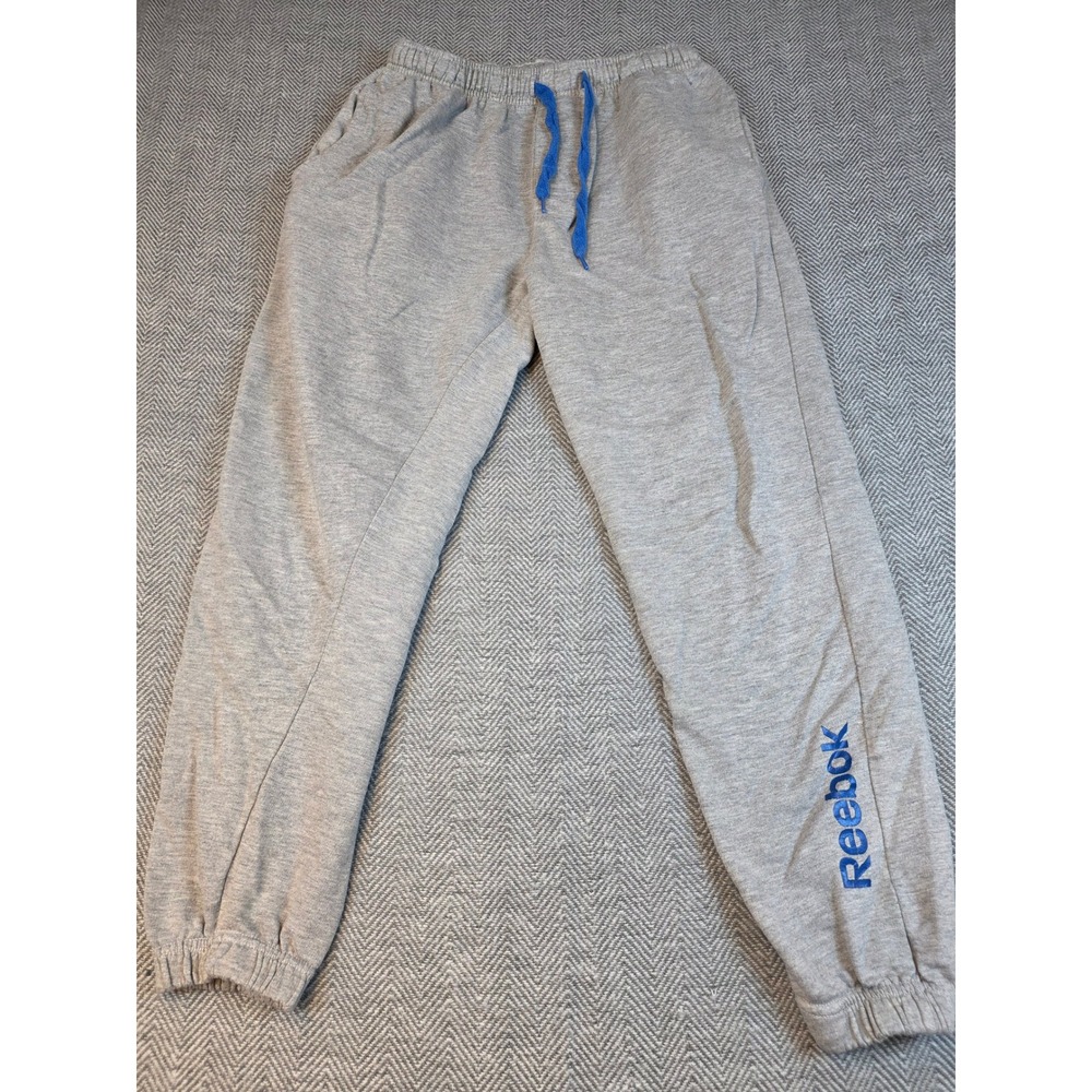 Reebok Mens Gray Heather Sleepwear Joggers Blue Drawstring Logo Small